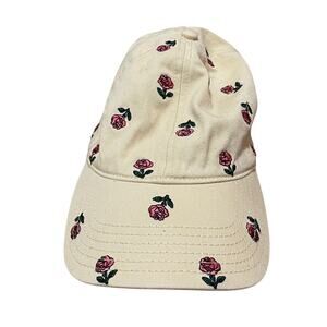 Pale Pastel Yellow Cotton Adjustable Baseball Hat Ditsy Pink Embroidered Flowers